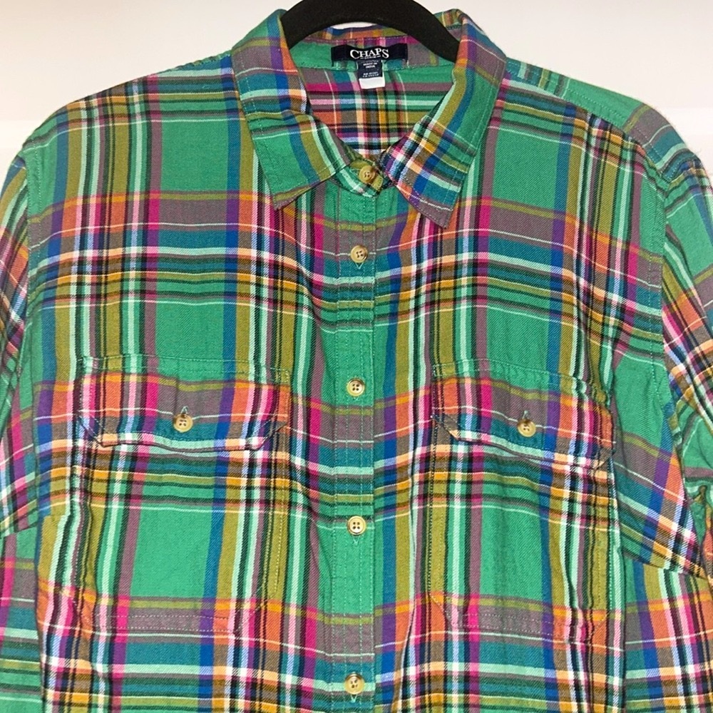 Chaps Ralph Lauren Women’s Cotton Button-Up Shirt 1X Green Plaid Lightweight - Picture 2 of 11